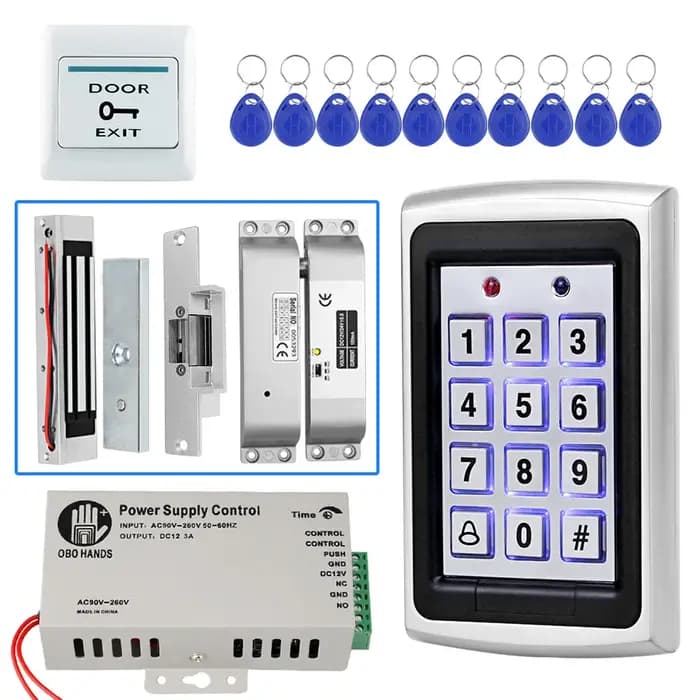 Kit de système de contrôle d'accès RFID en métal avec couvercle étanche + serrure magnétique électrique 180KG + 10 porte-clés + alimentation + bouton de sortie