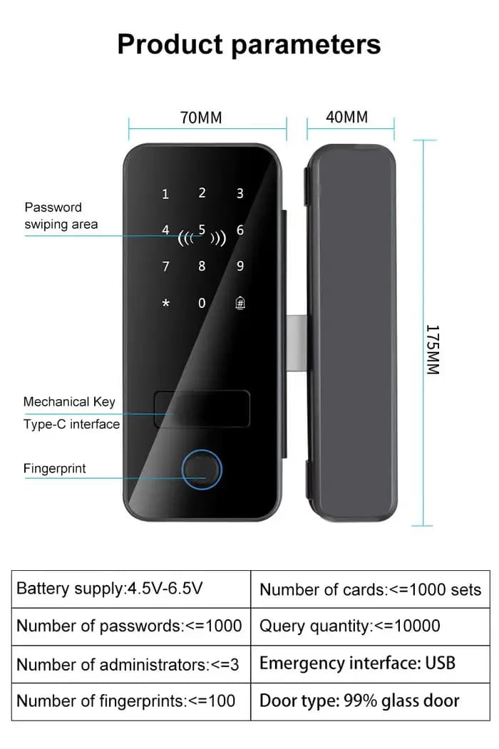 Serrure Intelligente de Porte en Verre Biométrique Bluetooth APP avec Empreinte Digitale