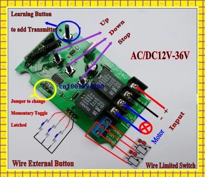 Commutateur de télécommande de moteur sans fil, arrêt vers le haut et vers l'avant, récepteur, fonction d'apprentissage ASK, 2CH, AC, DC, 12V, 24V, 36V