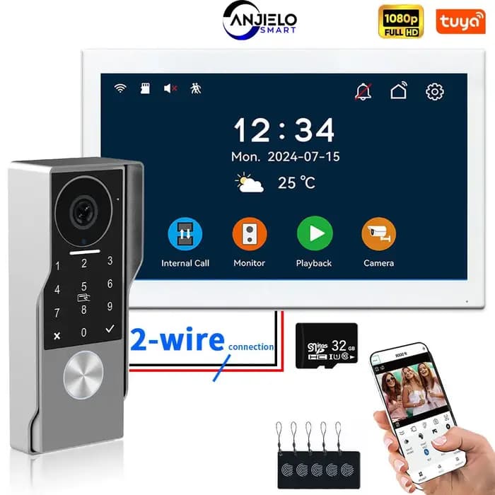 ANJIELO visiophone 2 fils avec application TUYA carte IC broche déverrouiller 24 caméra IP prise en charge système d'interphone vidéo intelligent pour la maison 1080P