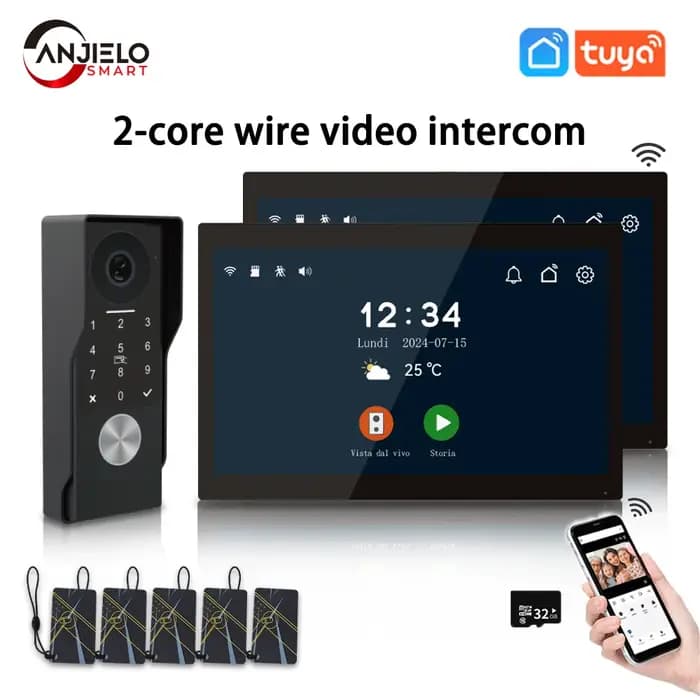 Anjielo Interphone Vidéo Intelligent TUYA 2 Fils Filaire 1080P Caméra Étanche WIFI Écran Tactile IPS 7/10 Pouces Prise en Charge IP CCTV