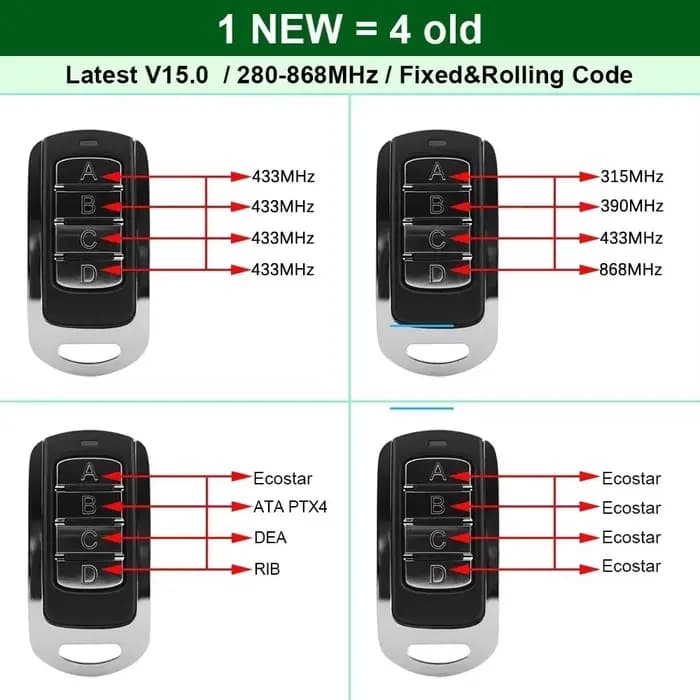 Auto-copie multi-fréquence 280 à 868 MHz 4 en 1 porte de Garage télécommande duplicateur porte-clés barrière Code roulant fixe Clone