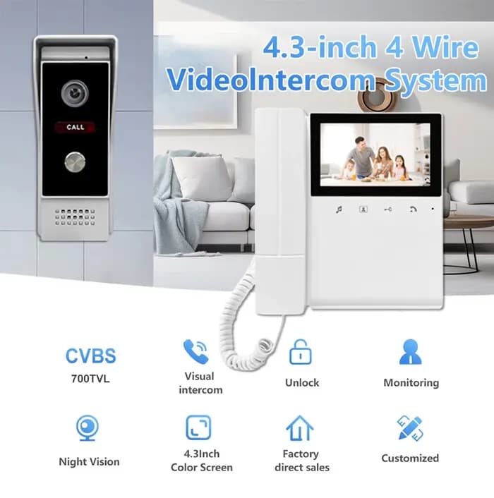 Interphone vidéo filaire avec écran IPS 4,3 pouces, 1V1, visiophone, caméra de porte